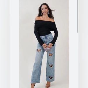 Heart Embellished Cut Out Jeans in Blue Denim